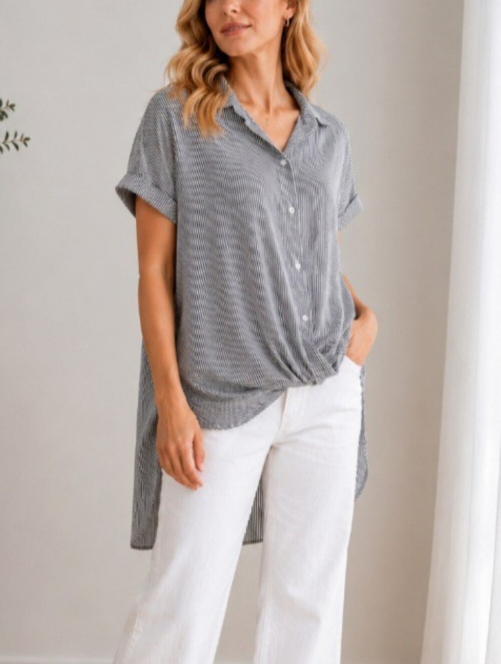 BCBGeneration Striped Twist Front High-Low Blouse - Size L